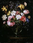 Juan de Arellano Clematis, a Tulip and other flowers in a Glass Vase on a wooden Ledge with a Butterfly oil painting artist